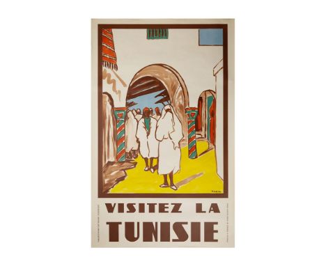 Turki, Yahia Plakat "Visitez la Tunisie" (Istanbul 1903-1969) Um 1950. Belebte tunesische Straßenszene in kräftigen Farben, u