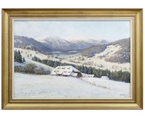 Hauptmann, Karl Winterlandschaft mit Bauerngehöft und Kapelle (Freiburg 1880-1947 Todtnau) Öl/Lwd., auf Hartfaserplatte. Rech
