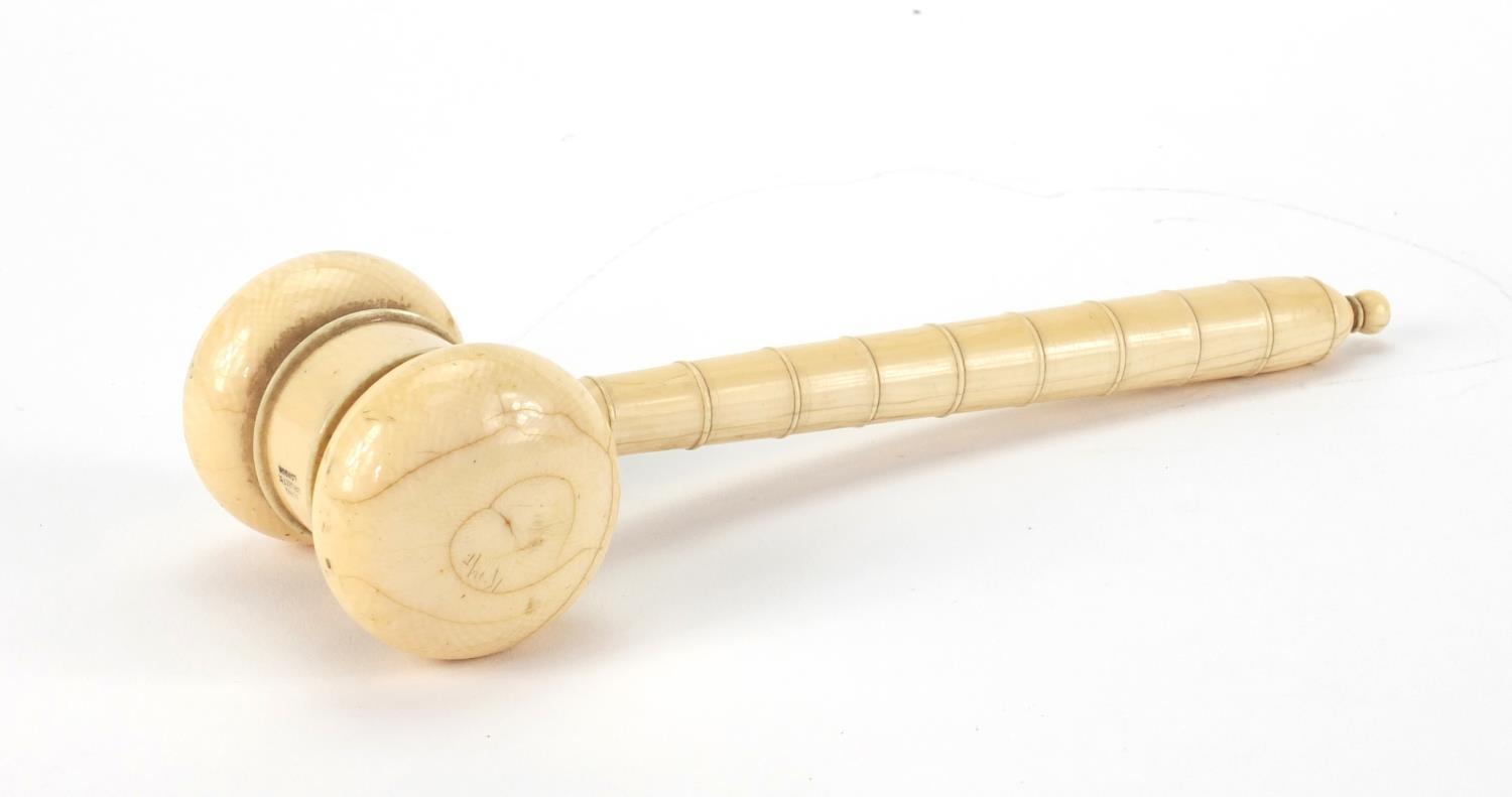 Masonic interest turned ivory gavel by Lund of London, 17cm in length