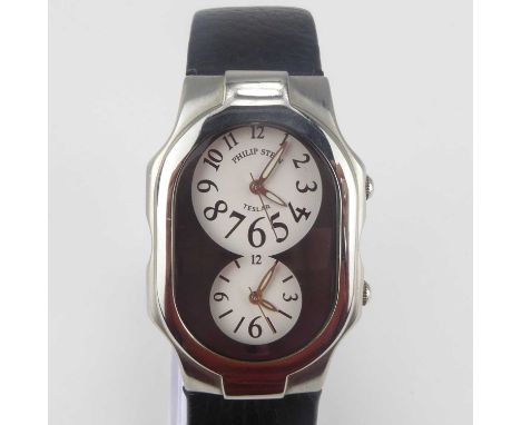 PHILIP STEIN; a Teslar Dual Time Zone watch, with Teslar Quantum Technology, the two dials in black surround, in brushed chro