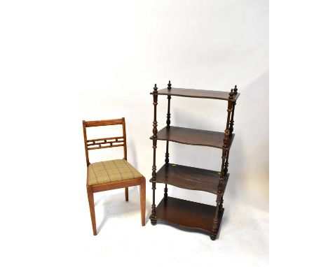 An oak bedroom chair and a four-shelf mahogany-effect whatnot with turned columns (2).