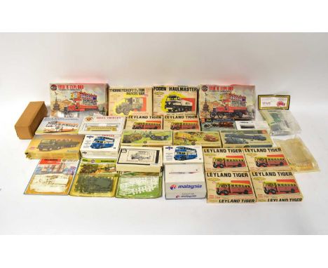 A quantity of bus vehicle and other model kits, including Airfix RAF sets, Bachmann 'Trolley Set', Dabric vehicle kits, Revel