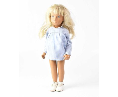 SASHA; a 1970s 'Trendon' girl doll, with blue eyes, blond wig, dressed in a blue checked dress and matching shorts, length 41