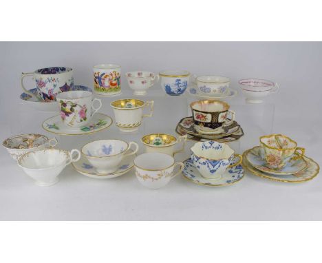 A mixed collection of 19th century teaware, to include a moustache cup and saucer with coloured floral pattern and inscribed 