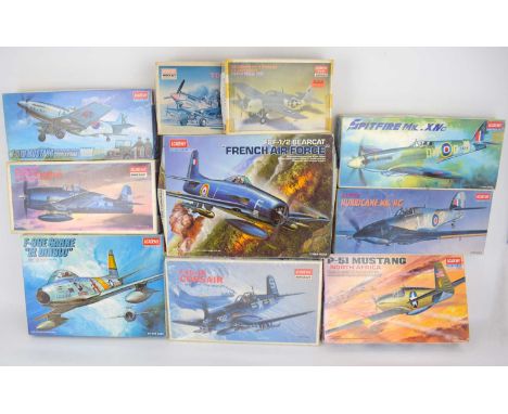 ACADEMY; ten scale model kits, comprising 'Curtis P-40B Tomahawk', 'Grumman F4F-4 Wildcat', 'P-51 Mustang "North Africa"', 'F