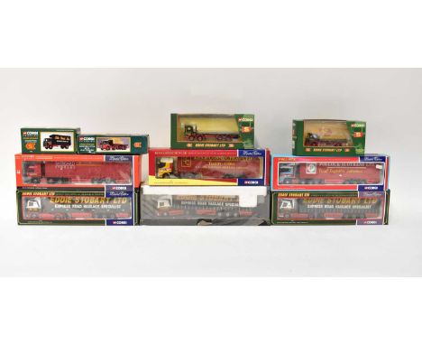 CORGI; ten diecast model vehicles, seven from the 'Eddie Stobart' range, also a '76401 Scania Curtainside Pollock (Scotrans) 