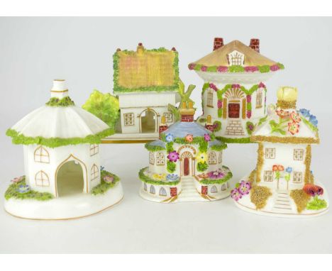 COALPORT; five fine bone china cottages in the Victorian manner, comprising 'Thatched Cottage', 'The Umbrella House', 'Keeper