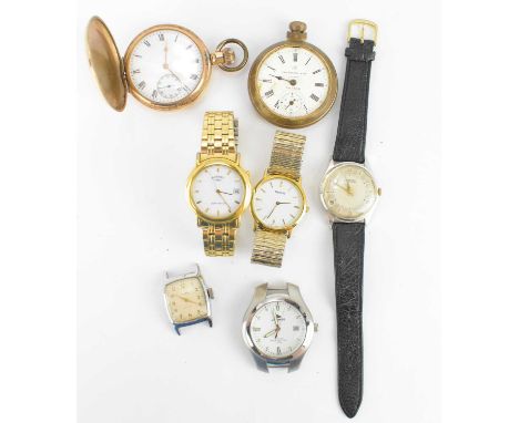 Seven various watches, mostly gentlemen's examples, to include Ingersoll, Rotary, Timex, Tissot C276K gold plated watch, with