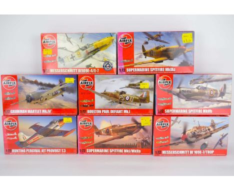 AIRFIX; eight aeroplane model kits, mostly 1:72 scale, comprising 'Supermarine Spitfire Mk.1XC', 'Messerschmitt BF 109E-4/E-7