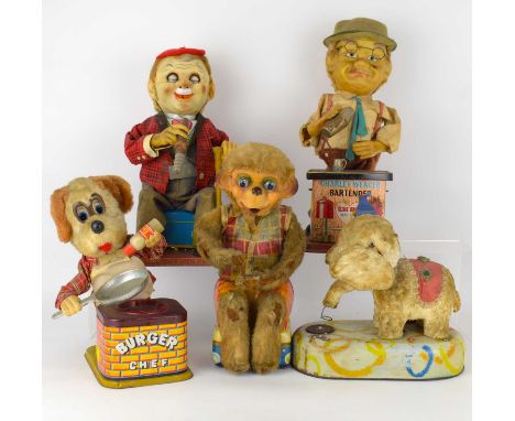 Five vintage Japanese battery-operated toys, comprising a bubble-blowing monkey and a similar elephant, 'Charley Weaver Barte