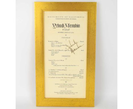 YEHUDI MENUHIN; a signed Order of Service of a concert at the University of California, Monday October 23rd 1939, signed in p