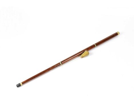 A walking stick with brass duck head handle, length 88cm, and one other three-part walking stick with internal glass flask, l