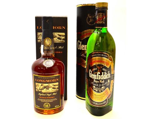 WHISKY; two boxed bottles of Scotch whisky comprising Longmorn, 15 Years Matured in Oak Casks, 70cl, 45% vol, and a Glenfiddi