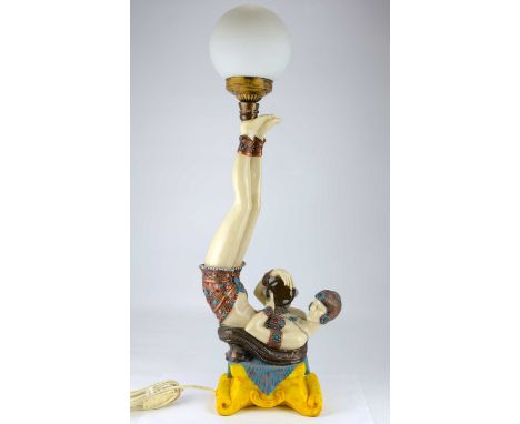 A modern resin Art Deco stylised dancer table lamp with globe shade, height 76cm.