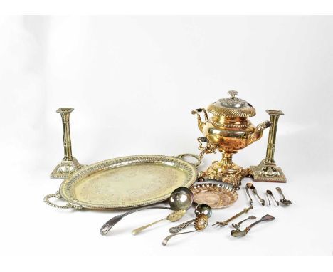 A collection of silver plated items to include a samovar, height 34cm, a pair of candlesticks, mixed flatware and servers, a 