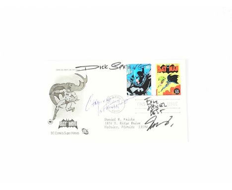 BATMAN; a first day cover for DC Comics Super Heroes Batman, signed to front by comic book artists Dick Sprang, Carmine Infan