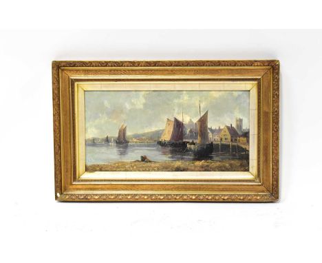 UNATTRIBUTED; 19th century oil on canvas, Dutch harbour scene with town beyond, 29.5 x 59.5cm, framed (af).Condition Report: 