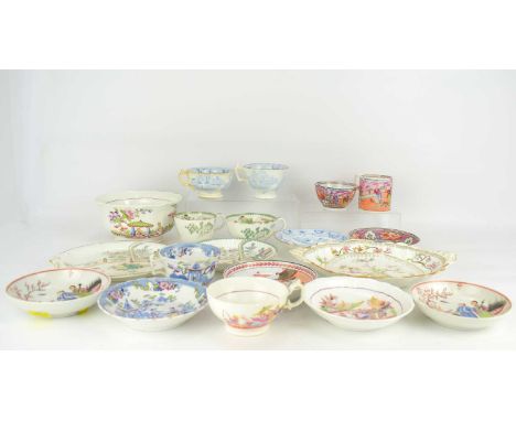 A collection of 18th and 19th century teaware, all decorated in the Chinoiserie manner, to include three trios (one trio with