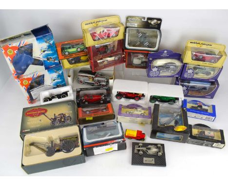 Approximately twenty-eight boxed diecast vehicles and model planes, to include Corgi Royal Worcester vans and trucks, Matchbo