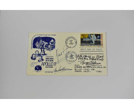 SPACE EXPLORATION; a first day cover, commemorating Apollo 11, signed to the front by Neil Armstrong, Michael Collins and Buz