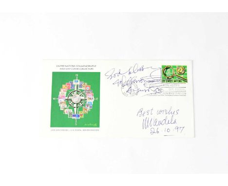 NELSON MANDELA; a first day cover commemorating the 25th Anniversary of the United Nations Postal Administration, signed to t