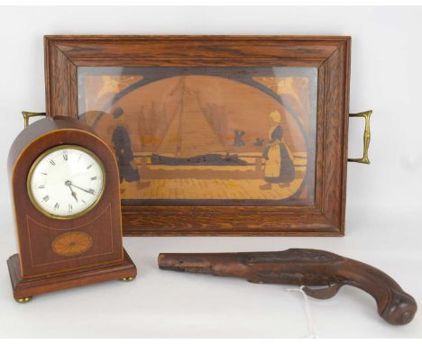 Collectibles to include an Edwardian mahogany and inlaid mantel clock, the white enamelled dial set with Roman numerals, and 