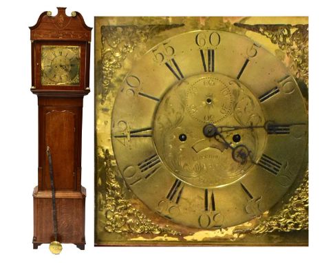 GREENOUGH, BOLD; an early 19th century brass-faced eight-day mahogany longcase clock, the hood with inlaid pagoda top, enclos