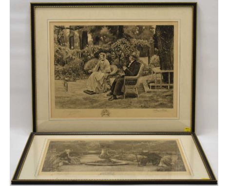 AFTER DENDY SADLER; two black and white etchings, one depicting an elderly couple resting in a garden, the other an elderly c