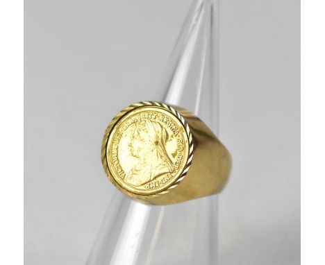 A Victorian half sovereign mounted in a base metal ring, stamped to the reverse 'MTL' and further stamped 'V' within a circle