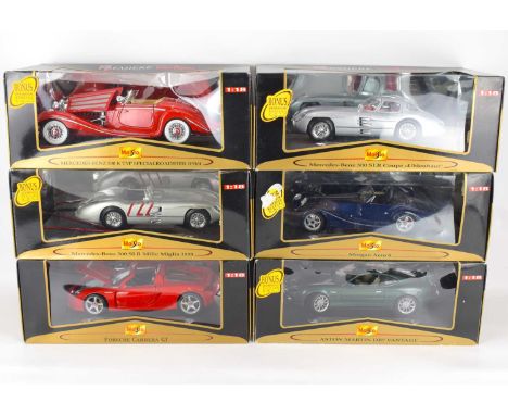 MAISTO; Six 1:18 scale model diecast cars, comprising an 'Aston Martin DB7 Vantage', a 'Morgan Aero 8', a 'Mercedes-Benz 300S