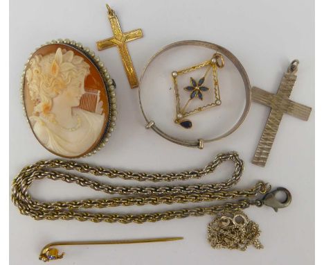 Various items of jewellery to include a silver (800) cameo brooch with border of seed pearls, silver necklace, gold stick pin