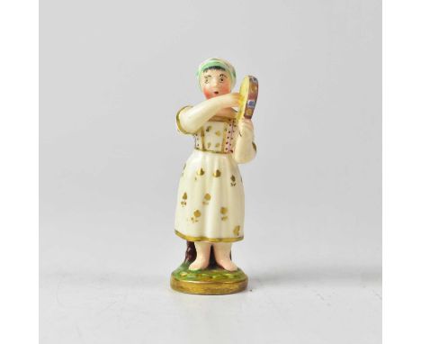 A 19th century English porcelain model of a girl playing a tambourine, in a gilt-highlighted dress and bonnet, height 9cm.Con