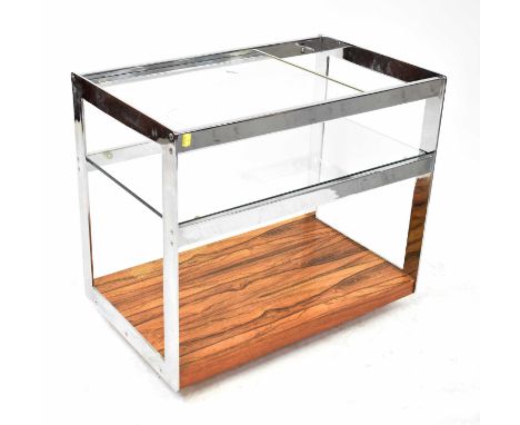 X RICHARD YOUNG FOR MERROW & ASSOCIATES; a 1970s glass, chrome and rosewood veneered drinks table, with partial glass shelf t