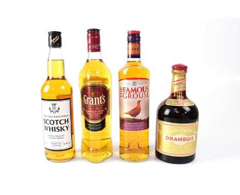 WHISKY; three bottles of Scotch whisky, comprising Single Grain Scotch Whisky, Grants Blended Scotch Whisky, The Famous Grous