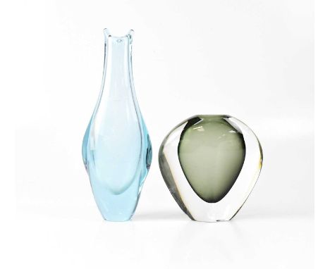 ORREFORS; a smoky grey cased glass vase of flat tapered form, height 15cm, together with a pale blue studio glass vase with e