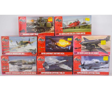 AIRFIX; eight 1:76 and 1:72 scale model kits, comprising ‘Vickers Light Tank’, ‘De Havilland DH.88 Comet’, ‘De Havilland DH.8