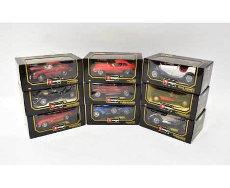 BBURAGO; nine diecast model vehicle cars, including Alfa Romeo, Mercedes, Chevrolet, Porsche, Jaguar and Bugatti, all boxed (