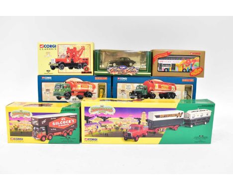 CORGI; seven diecast model vehicles, comprising 'The Showman's Range 12601 Foden Closed Pole Truck Set Silcocks of Warrington