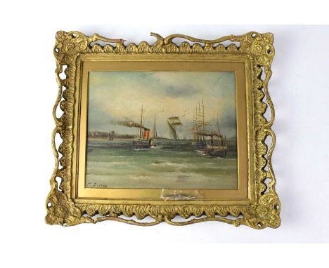 J. BOURNE; oil on board, shipping scene depicting paddle steamer and other vessels, with cityscape beyond, 21 x 26.5cm, frame