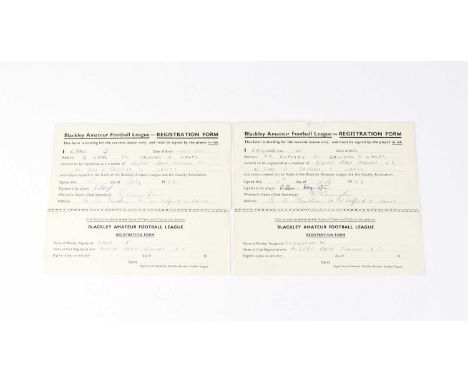 MANCHESTER UNITED; two Blakely Amateur Football League registration forms dated July 1949, one signed verso Billy Meredith Oc
