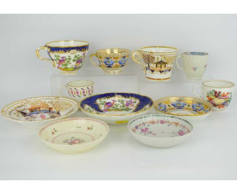 A collection of late 18th and 19th century porcelain teaware, to include a Herculaneum porcelain cup and saucer with blue flo