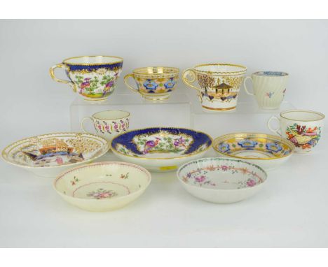 A collection of late 18th and 19th century porcelain teaware, to include a Herculaneum porcelain cup and saucer with blue flo