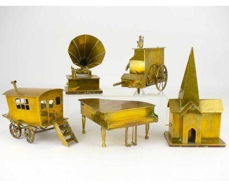 Five scratch-built brass model ornaments, three with clockwork musical movements, to include an organ grinder and monkey, len