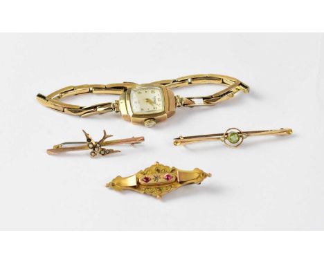 ROTARY; a 9ct gold ladies' wristwatch, the square dial set with Arabic numerals, together with three gold brooches, comprisin