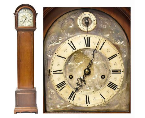 PEARCE &amp; SONS, LEEDS; a mahogany cased grandmother clock with domed top, the silvered patterned dial set with Roman numer