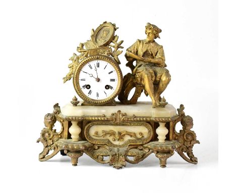 A gilded brass and alabaster figural mantel clock, the white enamelled dial set with Roman numerals, striking on a bell, move