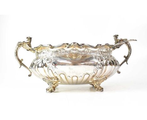 FENTON BROS LTD; an impressive Edwardian hallmarked twin-handled tureen of oval baluster form, with piecrust edge, chased wit