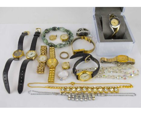 Various items of costume jewellery, to include a 9ct gold eternity ring with a central row of white stones, size M, approx. 1