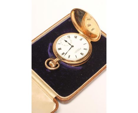 A 9CT GOLD TOP WIND HUNTER POCKET WATCH, the white enamel dial with black Roman numerals enclosing subsidiary seconds dial an