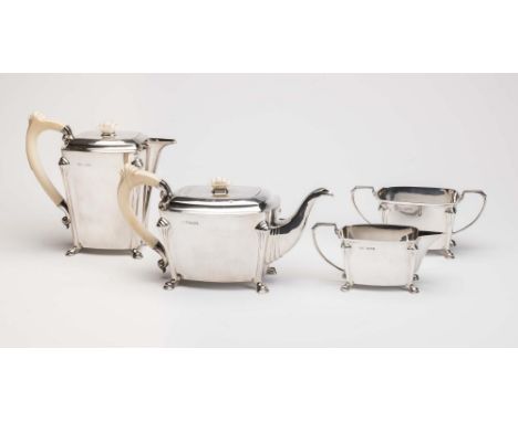 AN ART DECO SILVER FOUR PIECE TEA AND COFFEE SERVICE, maker possibly Spiers and Wordsworth, Birmingham 1936, (coffee pot 1937